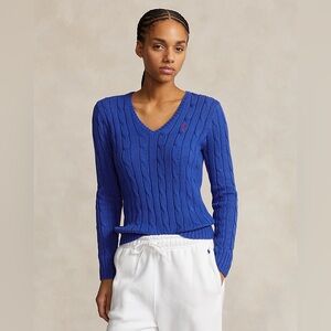 Polo Ralph Lauren blue v neck cable knit blue sweater